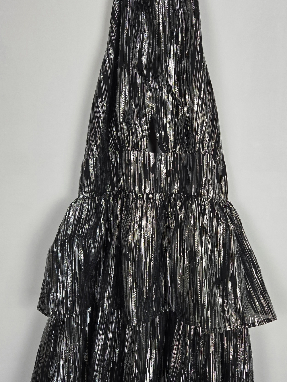 Lulu's Black & Silver Metallic Halter Homecoming Party Dress With Tiered Skirt